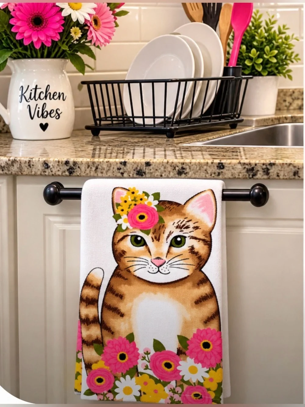 Floral Tabby Cat Kitchen Towel - Pink & Brown